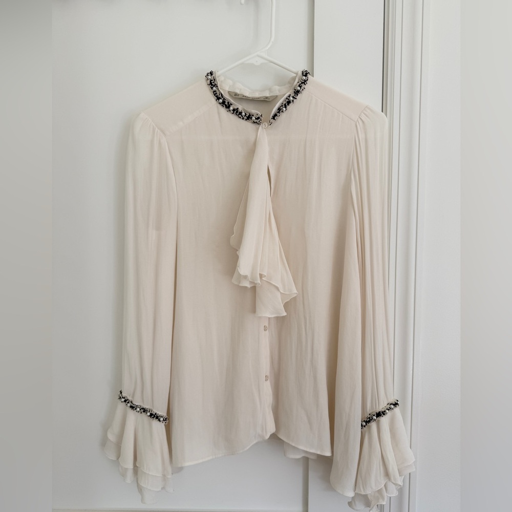 Zara Women Silk Ruffle Button Front Blouse Embellished Top Size XS